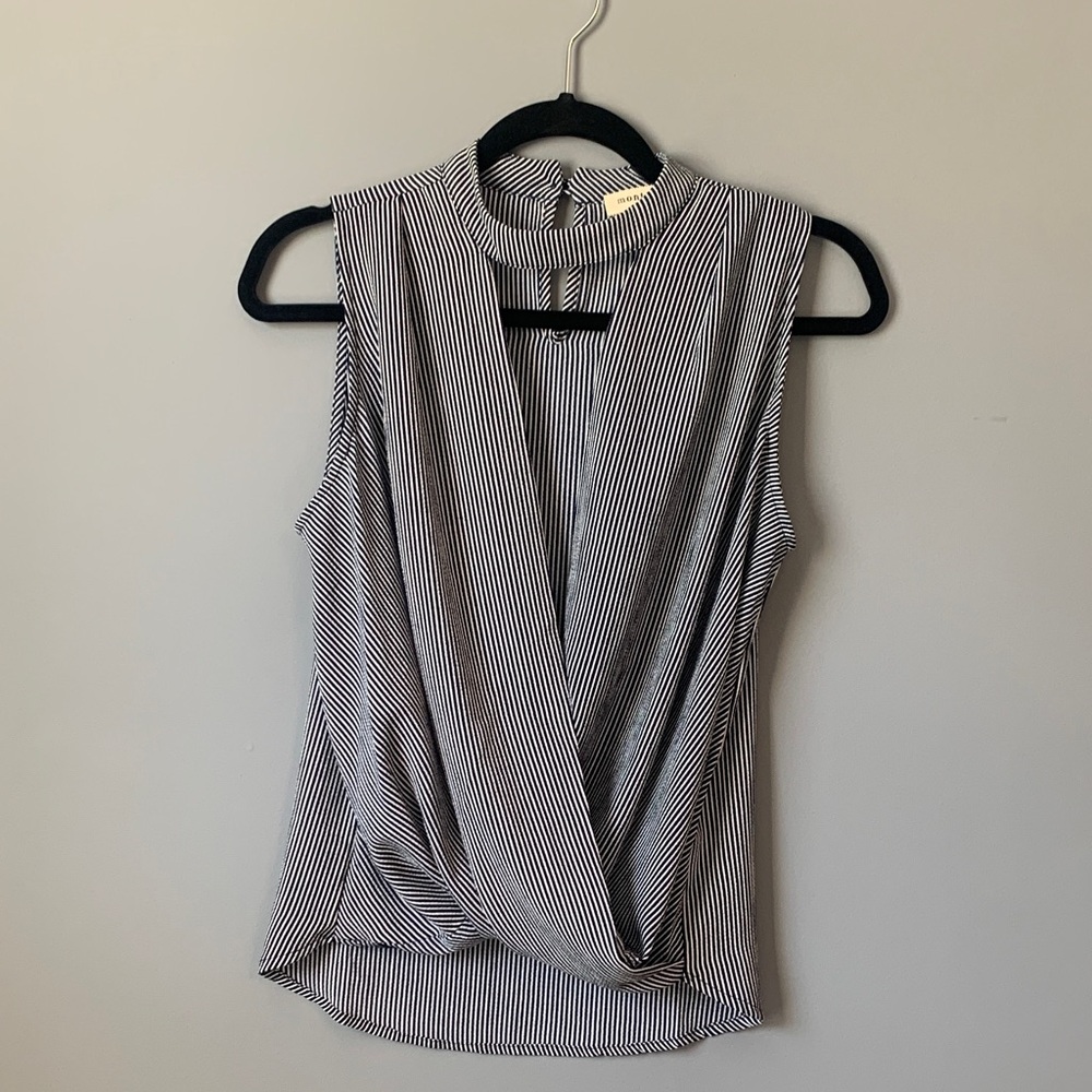 Blue White Striped Sleeveless Monteau Open Front Sexy Sheer Top size Small
